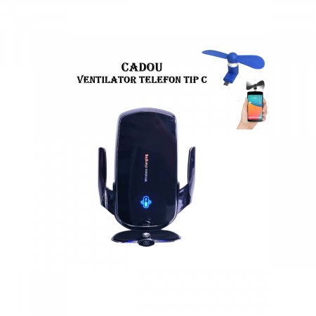 Suporti Telefon Auto - Suport Auto Telefon, Incarcare Fast Charge 15W Wireless sau cu mufe adaptoare, Senzor Inteligent + CADOU Ventilator Portabil TIP C
