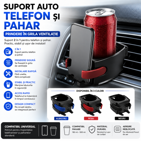 Suporti Telefon Auto - Suport auto telefon si pahar cu prindere in grila ventilatie color