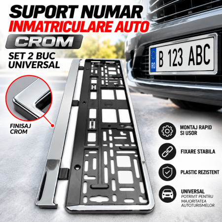 Suporti Numar Inmatriculare - Suport numar inmatriculare auto crom set 2 buc universal