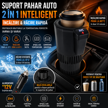 Cana Fierbere / Racire - Suport pahar auto 2 in 1 cu racire si incalzire 12V, afisaj LED temperatura