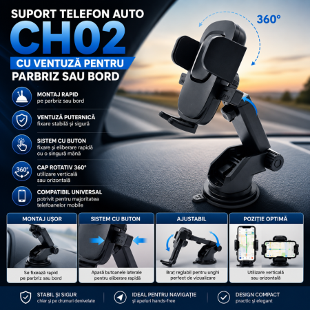 Suporti Telefon Auto - Suport telefon auto CH02 cu ventuza pentru parbriz sau bord