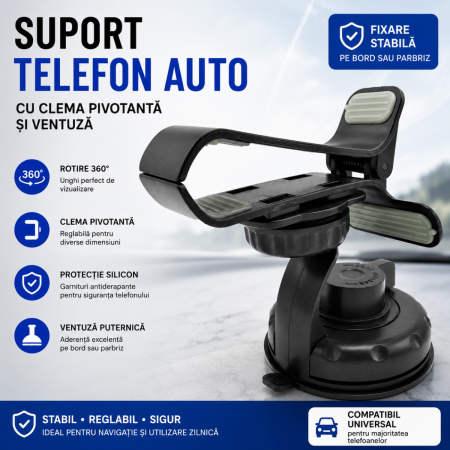 Suporti Telefon Auto - Suport telefon auto cu clema pivotanta si ventuza pentru parbriz