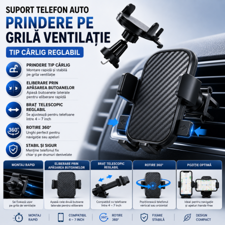 Suporti Telefon Auto - Suport telefon auto pentru grila ventilatie cu prindere tip carlig