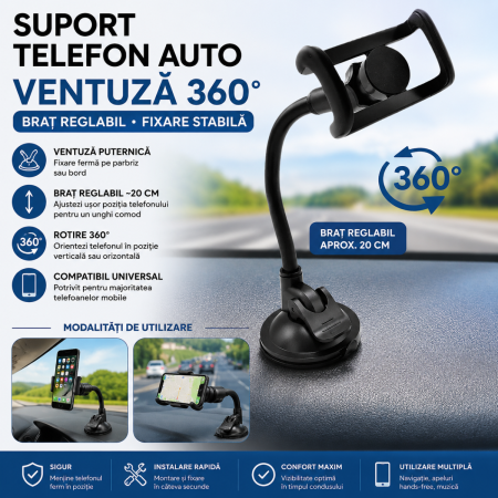 Suporti Telefon Auto - Suport telefon auto cu ventuza si brat reglabil 360 grade