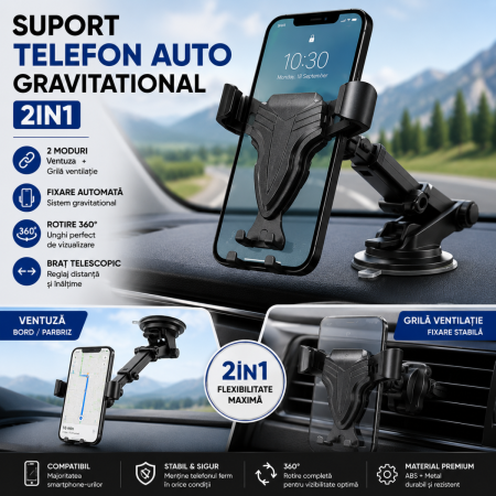 Suporti Telefon Auto - Suport telefon auto gravitational 2in1 cu ventuza si grila ventilatie