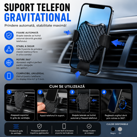 Suporti Telefon Auto - Suport telefon auto gravitational, prindere grila ventilatie, rotire 360°