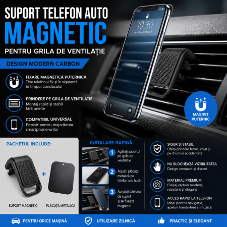 Suporti Telefon Auto - Suport telefon auto magnetic carbon pentru grila ventilatie universal