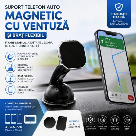 Suporti Telefon Auto - Suport telefon auto magnetic cu ventuza si brat flexibil universal
