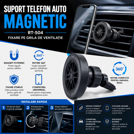 ACCESORII AUTO - Suport telefon auto magnetic RT-504 cu fixare la grila ventilatie si rotire 360°