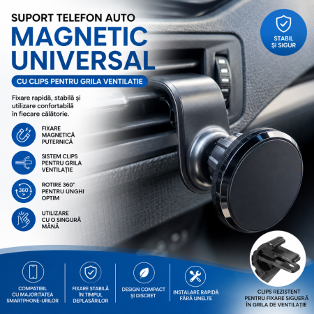 Suporti Telefon Auto - Suport telefon auto magnetic universal cu clips pentru grila ventilatie