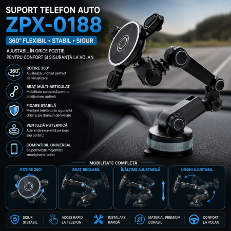Suporti Telefon Auto - Suport telefon auto magnetic ZPX-0188 cu ventuza si brat reglabil