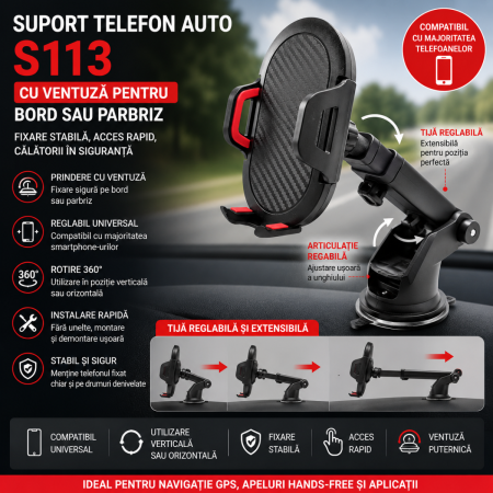 Suporti Telefon Auto - Suport telefon auto S113 cu ventuza pentru bord sau parbriz