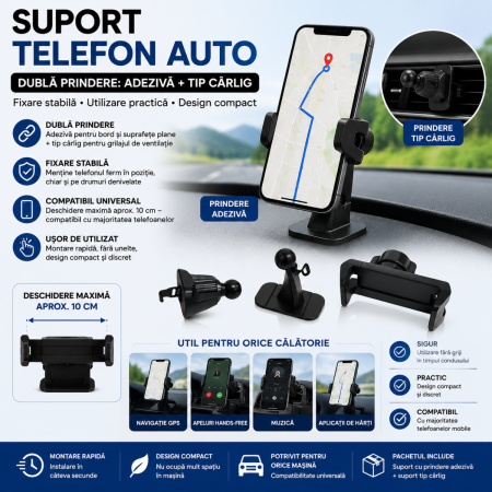 Suporti Telefon Auto - Suport telefon auto universal cu dubla prindere adeziva si carlig