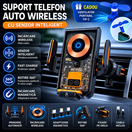 Suporti Telefon Auto - Suport telefon auto wireless Fast Charge cu senzor inteligent