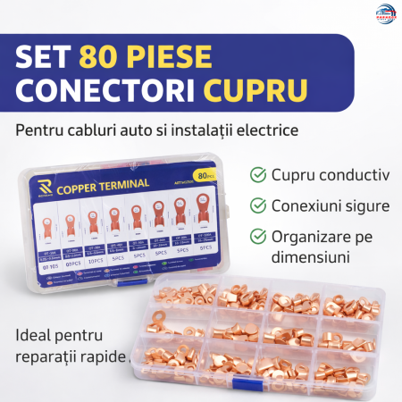 Papuci / Conectori Electrici - Papuci conectori electrici din cupru 80 piese set conectori cabluri auto