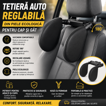Tetiera Auto - Tetiera auto reglabila din piele ecologica pentru cap si gat