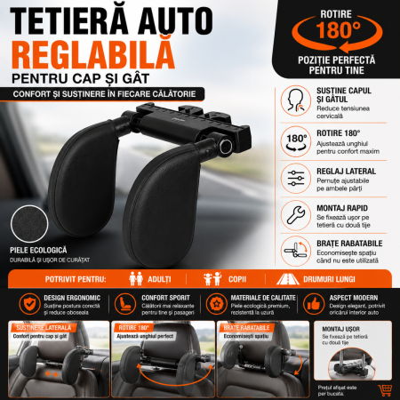 Tetiera Auto - Tetiera auto reglabila din piele ecologica pentru cap si gat cu rotire 180°