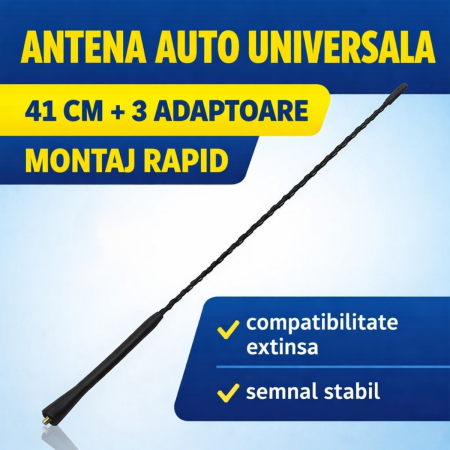 Antene Auto - Tija antena auto universala 41 cm AM FM cu 3 adaptoare montaj rapid compatibil majoritatea masinilor