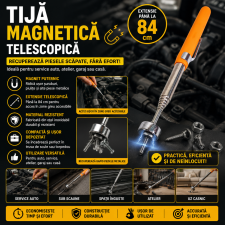 Scule si Chei Auto - Tija magnetica telescopica inox 84 cm, 6 trepte