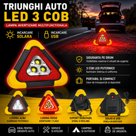 Accesorii Vulcanizare Auto - Triunghi auto LED 3 COB, lampa avertizare cu incarcare solara si USB