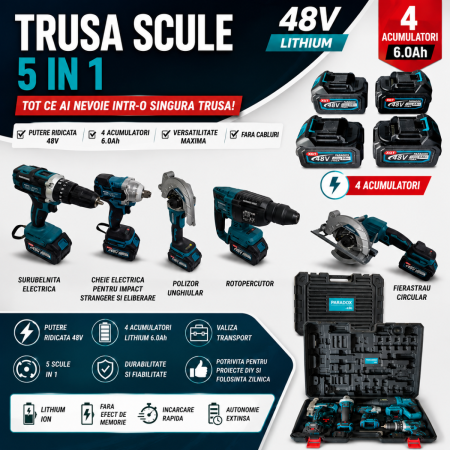 Scule si Chei Auto - Trusa scule electrice 5 piese 48V cu 4 acumulatori Lithium 6.0Ah