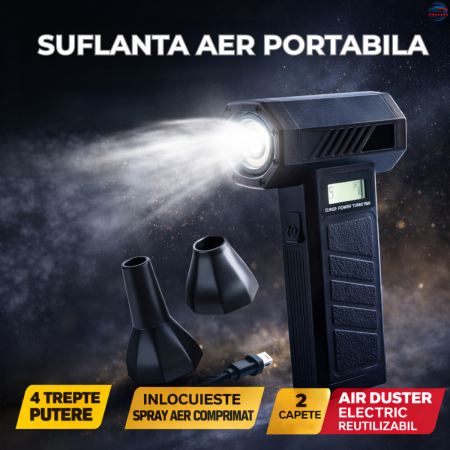 ACCESORII AUTO - Turbo Fan P30 suflanta aer portabila cu acumulator, 4 trepte putere, USB-C, LED, 2 capete
