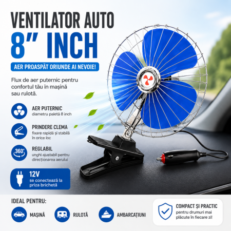 Ventilator Auto - Ventilator auto 8 inch 12V cu prindere clema pentru masina