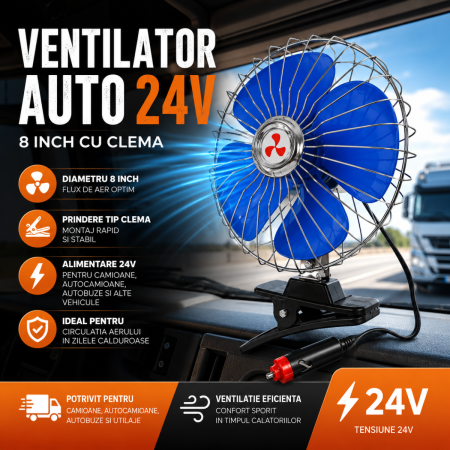Ventilator Auto - Ventilator auto 8 inch 24V cu clema pentru camion autocamion si utilaje
