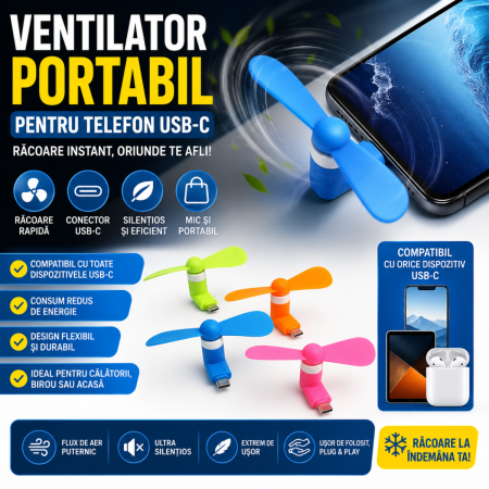 Ornamente Auto - Ventilator portabil telefon USB-C mini ventilator pentru telefon tip C