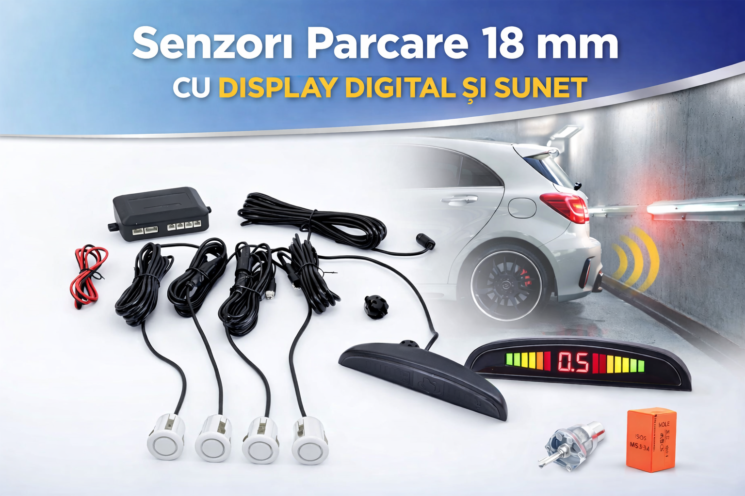 Senzori parcare auto 18 mm display digital si sunet mufe interconectabile plug & play 12V universali