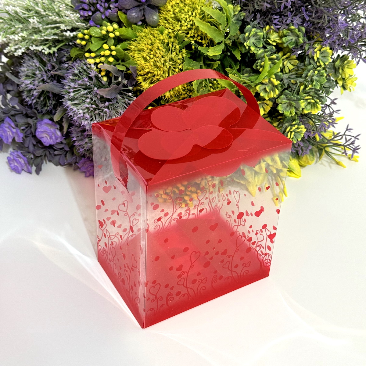 Cutie din plastic transparent cu model inimi si maner rosu 14cm x 12cm x 8cm [3]