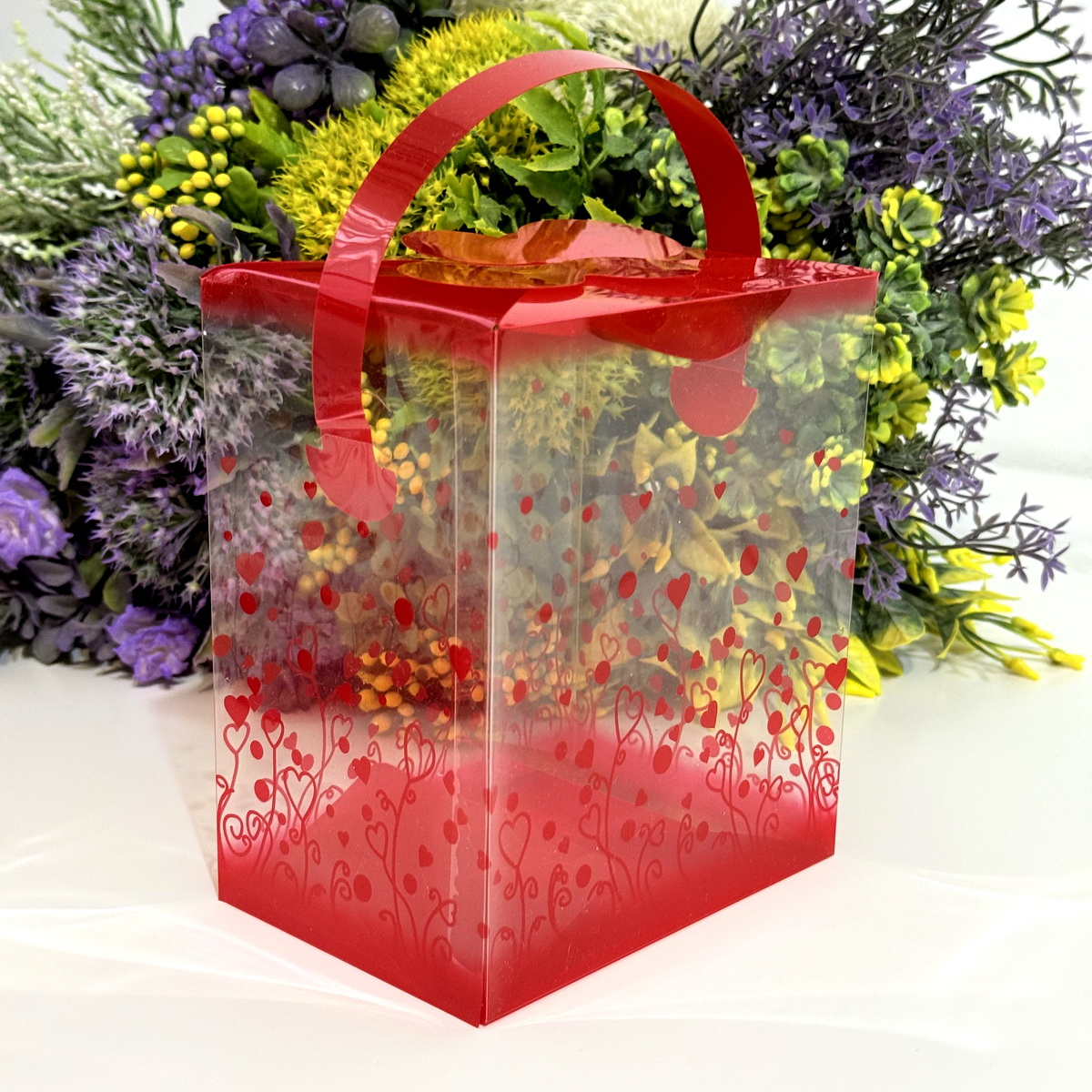 Cutie din plastic transparent cu model inimi si maner rosu 14cm x 12cm x 8cm [4]