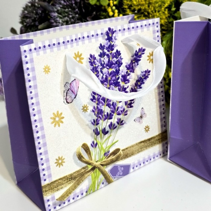 Pungi din carton model lavanda cu manere albe 15cm x 14,5cm [5]