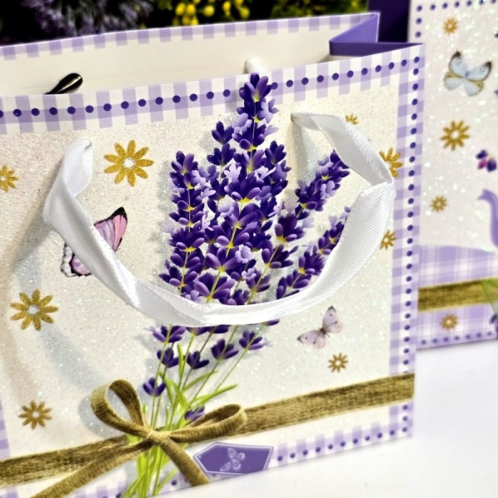 Pungi din carton model lavanda cu manere albe 15cm x 14,5cm [4]