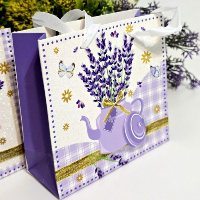 Pungi din carton model lavanda cu manere albe 15cm x 14,5cm [6]