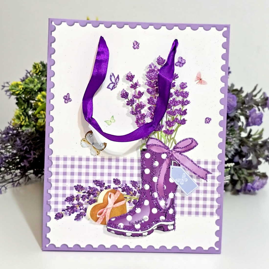 Pungi din carton model lavanda cu manere mov 23cm x 18cm [5]