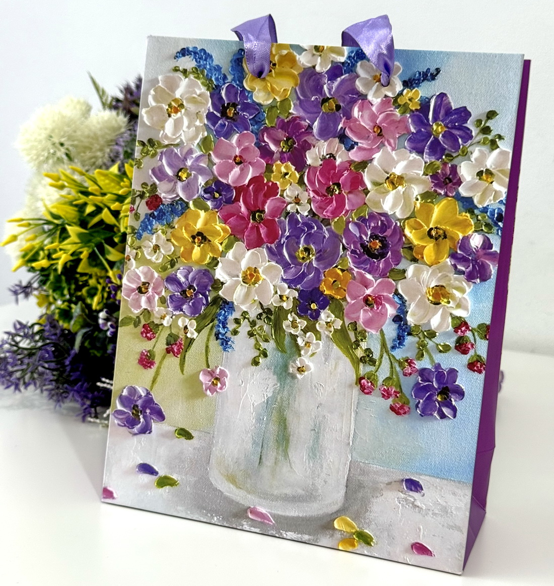 Pungi din carton mov imprimeu flori primavara 23cm x 18cm x 8cm [2]