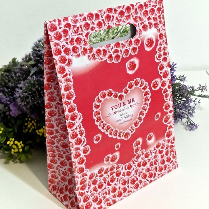 Pungi din hartie rosie - You & Me - cu funda 27cm x 19cm [2]