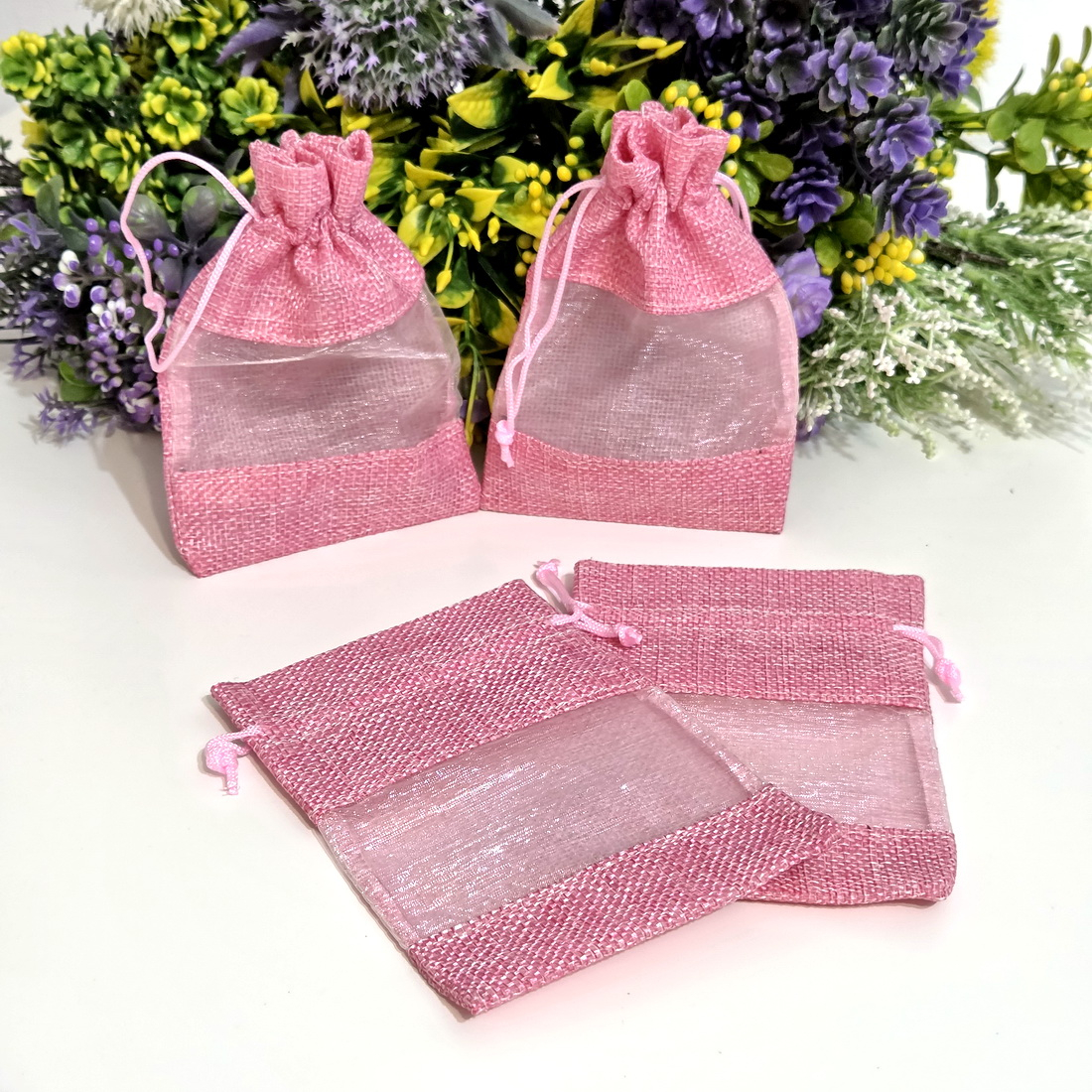 Saculeti din panza roz cu fereastra organza 14 cm x 10 cm [4]