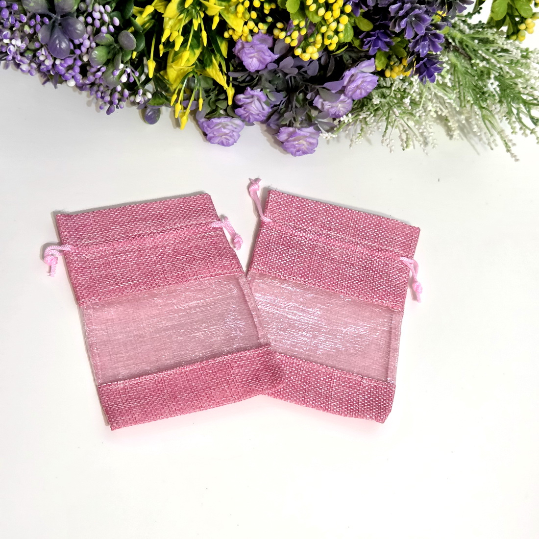 Saculeti din panza roz cu fereastra organza 14 cm x 10 cm [5]