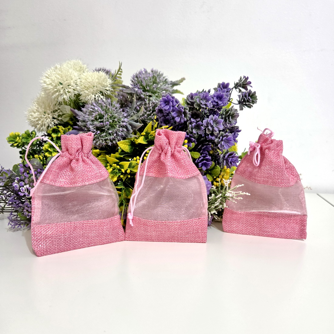 Saculeti din panza roz cu fereastra organza 14 cm x 10 cm [2]