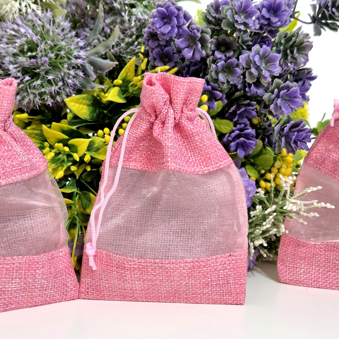 Saculeti din panza roz cu fereastra organza 14 cm x 10 cm [3]