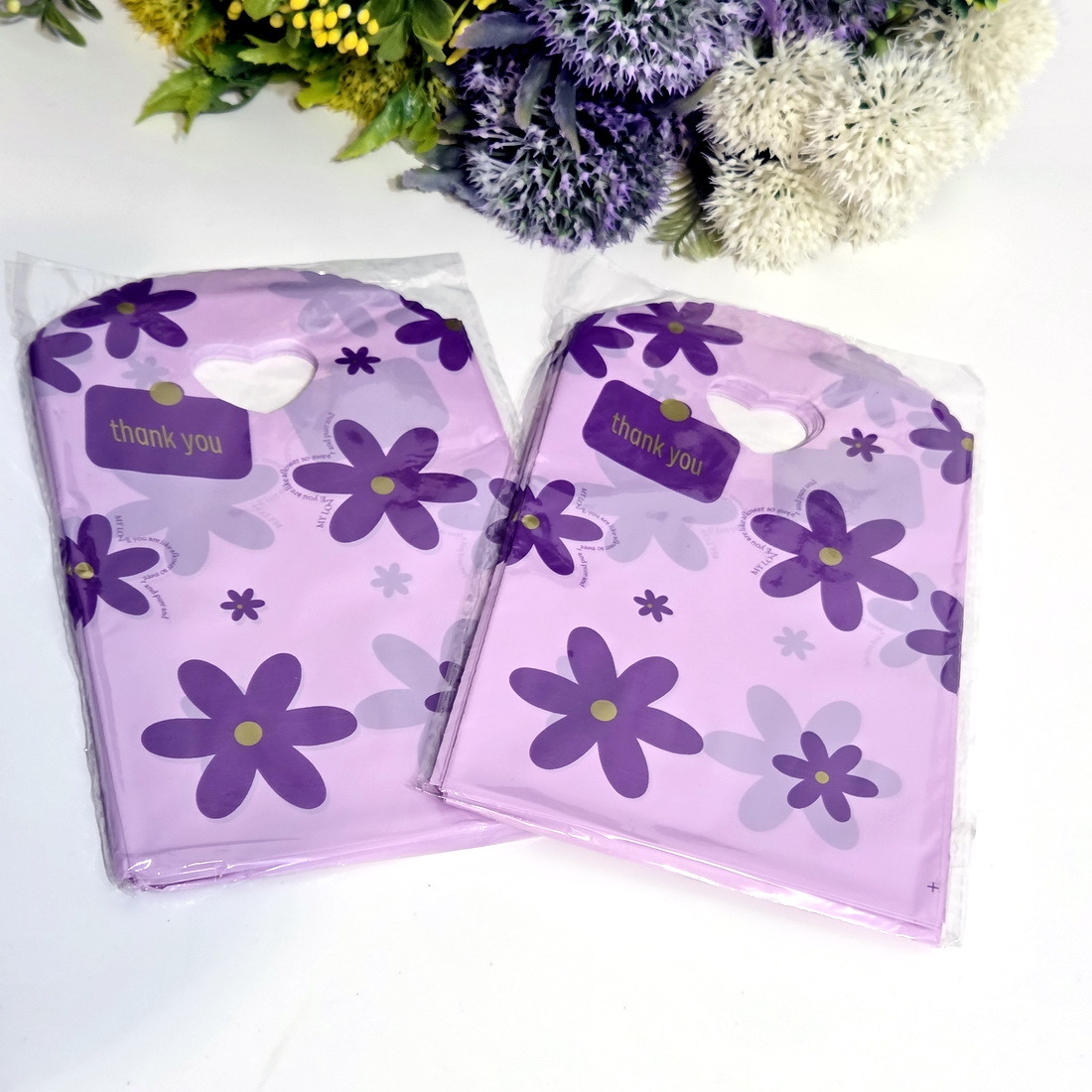 Set 50 pungi plastic mov imprimeu flori mov 21cm x 13cm [4]
