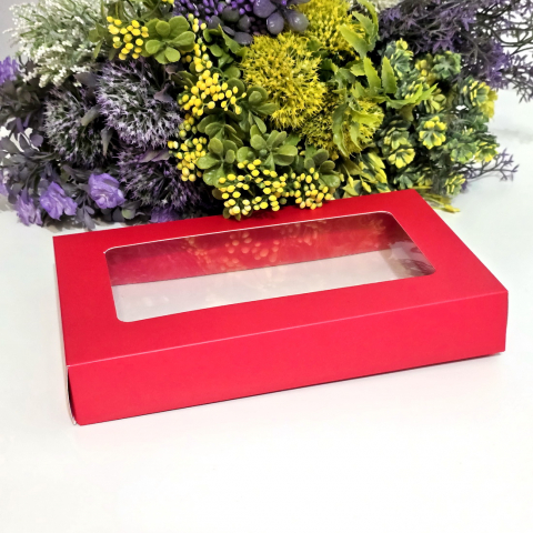 Cutii pentru cadouri - Cutie din carton rosu cu fereastra 25cm x 15cm x 4cm