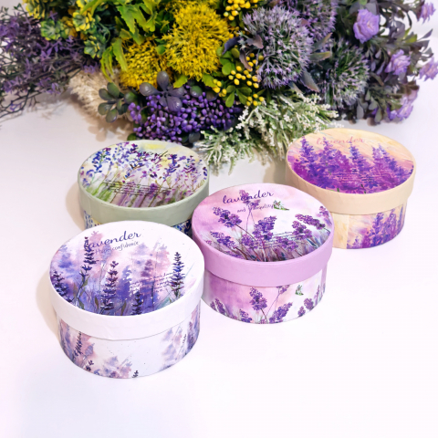 Cutii pentru cadouri - Cutie din carton rotunda model lavanda 10cm x 5cm