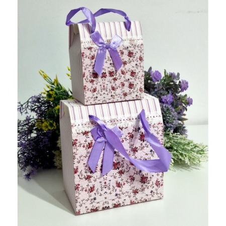 Cutie din carton plastifiat model floral cu funda mov 10cm x 7cm x 12cm [9]
