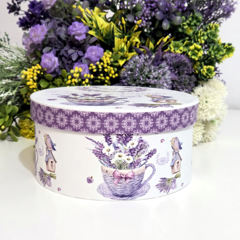 Cutii din carton pentru cadouri - Cutie din carton rotunda model lavanda 19.5cm x 10cm