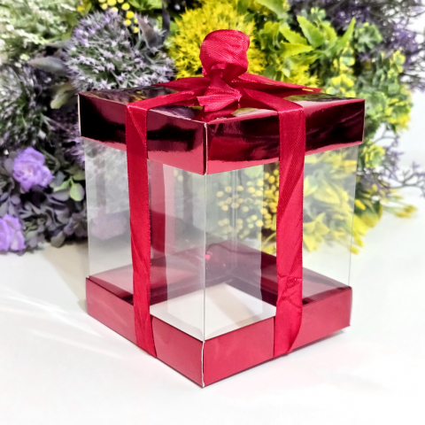 Cutie din plastic transparent cu capac din carton rosu si funda 12cm x 10cm x 10cm [2]