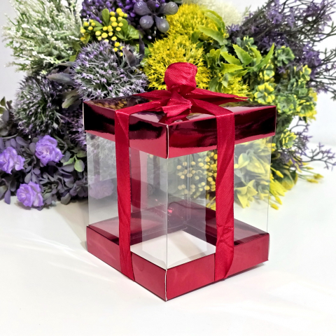 Cutie din plastic transparent cu capac din carton rosu si funda 12cm x 10cm x 10cm [5]