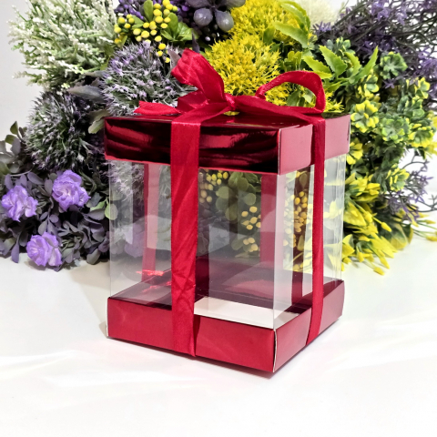 Cutii pentru cadouri - Cutie din plastic transparent cu capac din carton rosu si funda 12cm x 10cm x 10cm